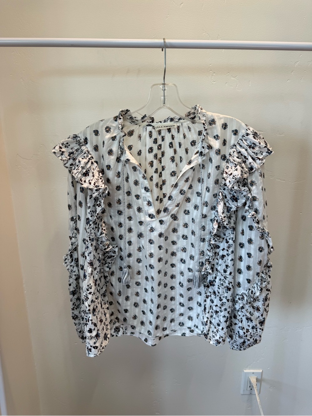 Ulla Johnson White Blouse with Black Floral Print and Ruffle Trim